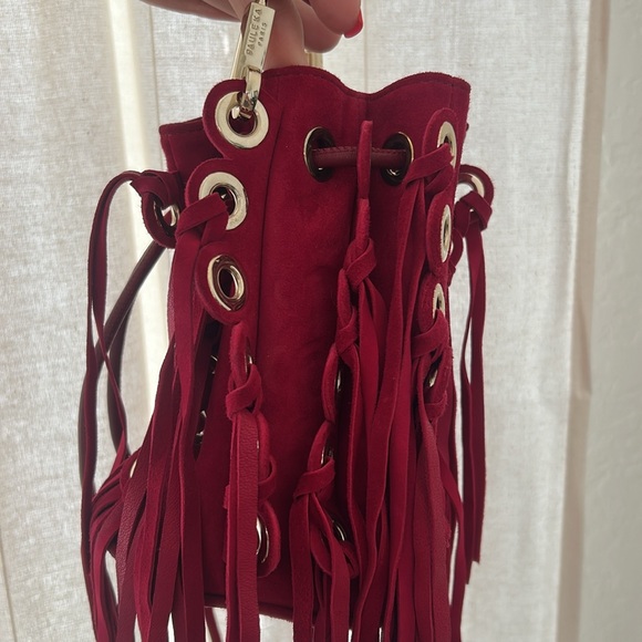 Paule Ka Fringed Red Suede Bucket Bag - Picture 3 of 6
